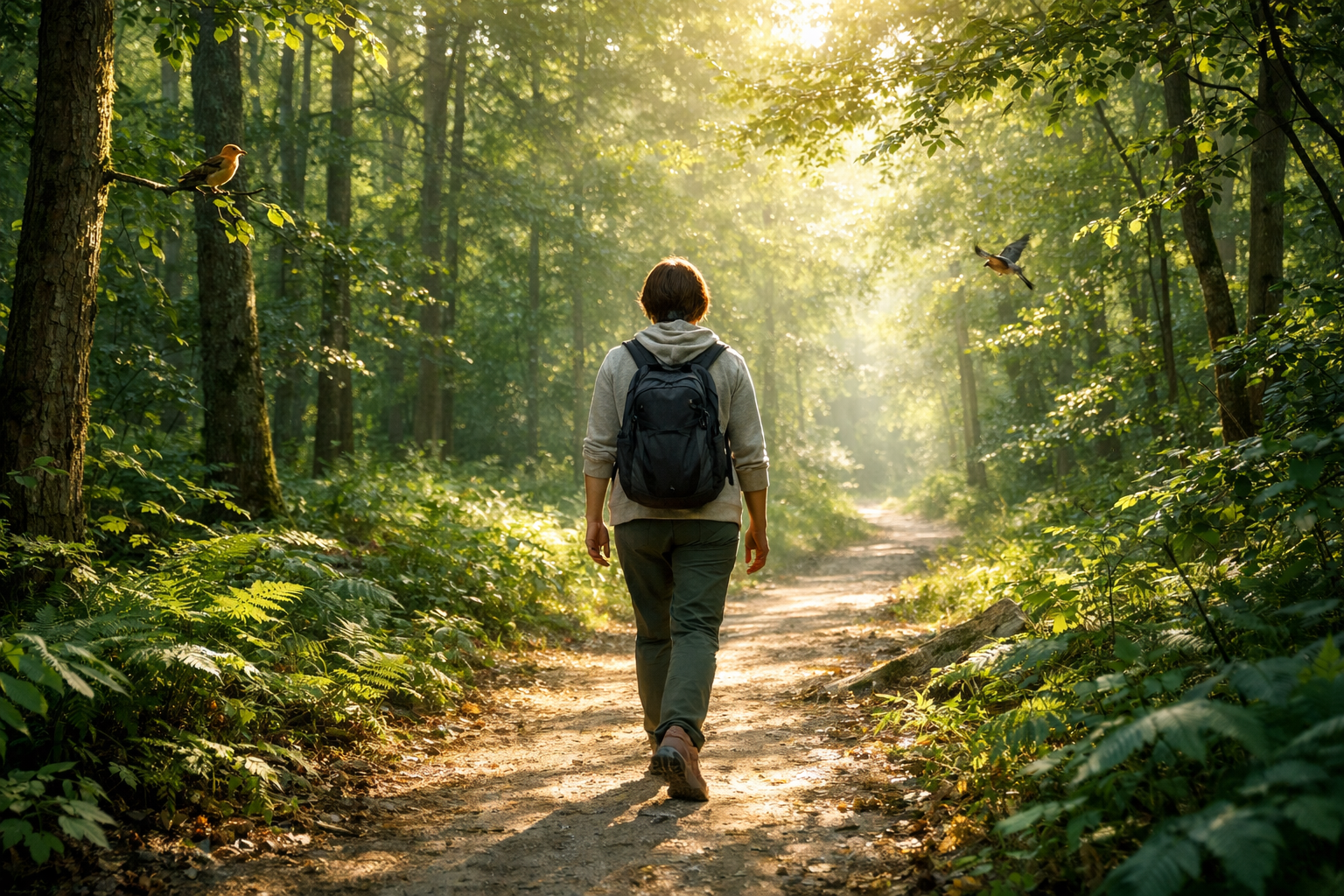 Person walking peacefully through a green forest path with sunlight filtering through trees, listening to natural sounds, birds chirping, leaves rustling, serene wellness nature scene